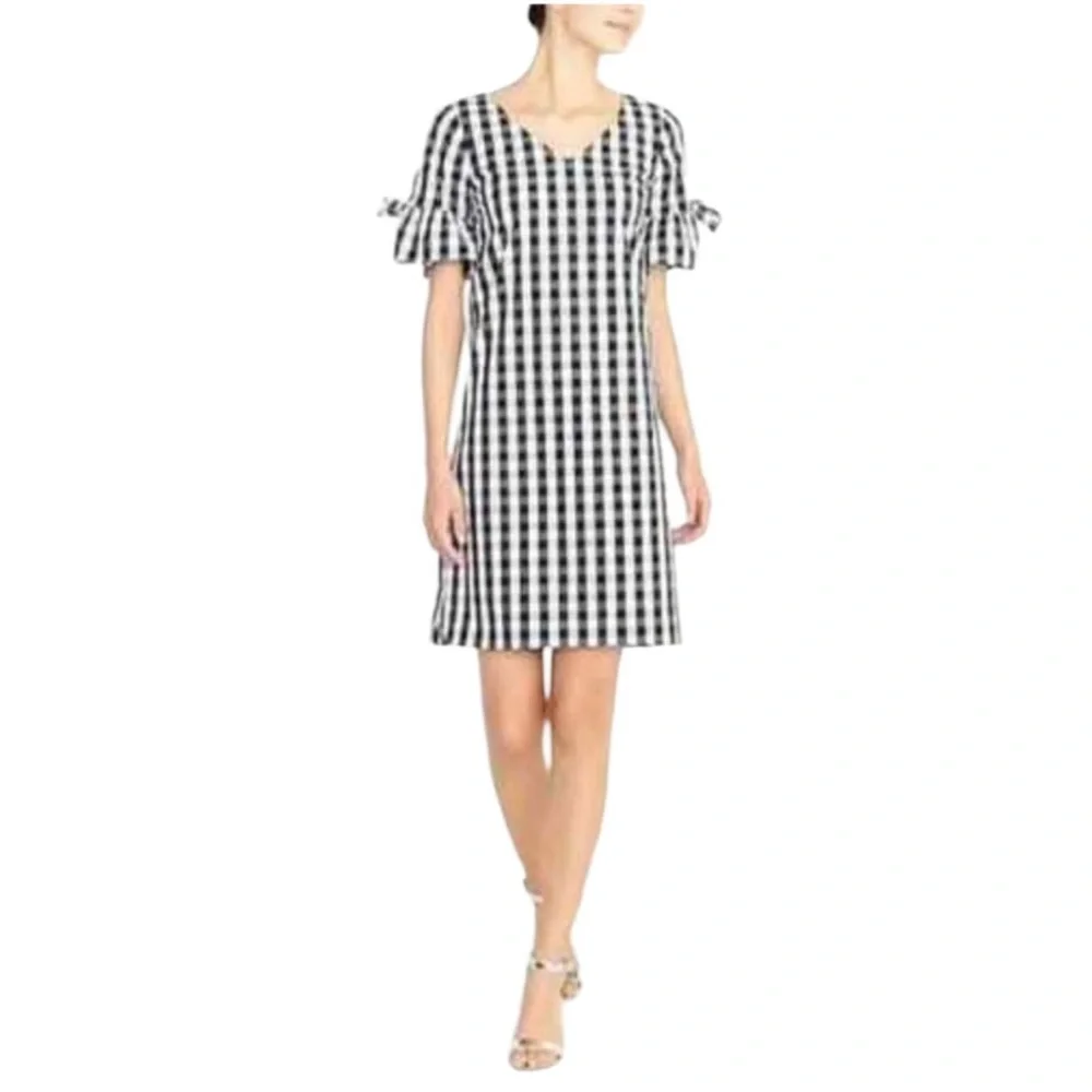 J. Crew Black and White Gingham Tie-Sleeve Mini Dress